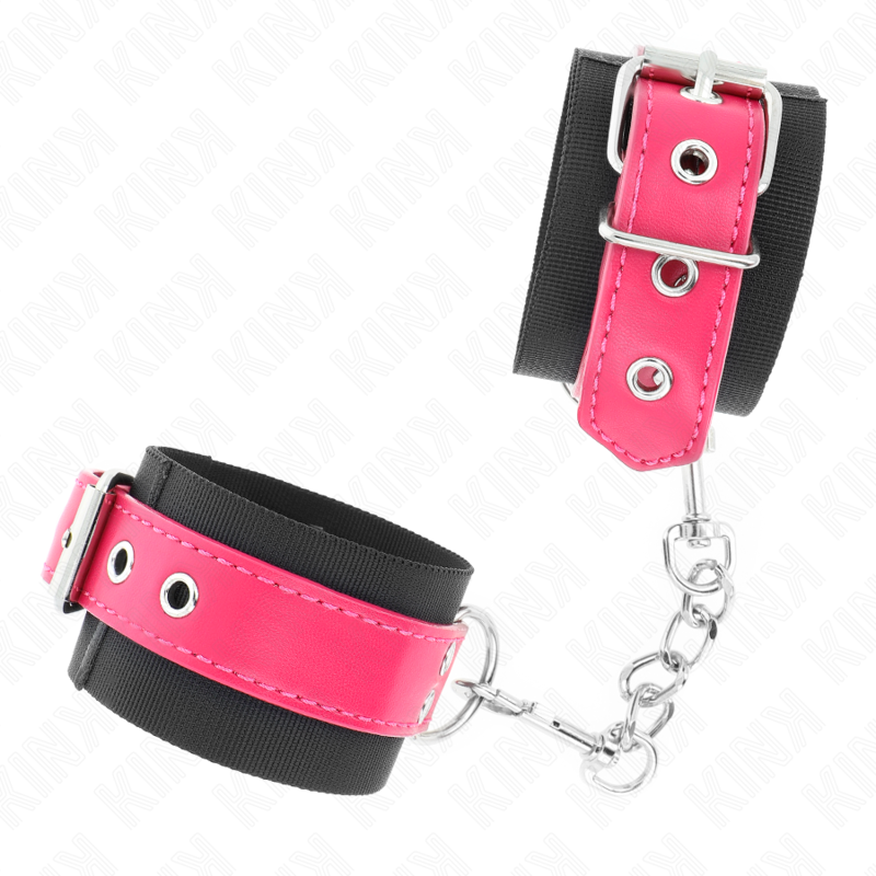 KINK - NYLON WRIST RESTRAINTS BLACK WITH LEATHERETTE BELT RASPBERRY ROSE ADJUSTABLE 19-29 CM X 5.1 CM - NOCTURNA DESIRES