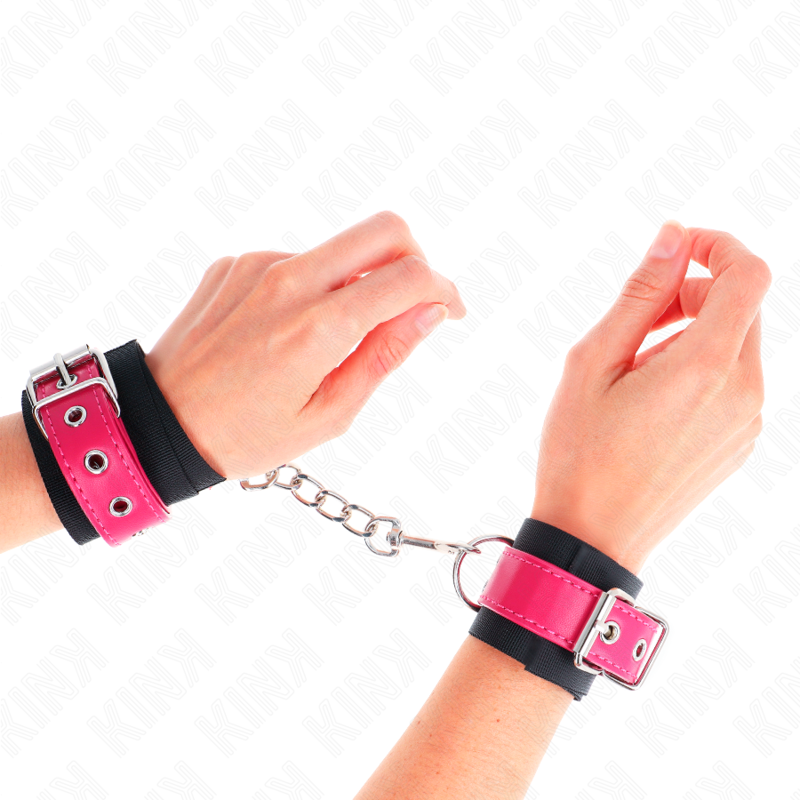 KINK - NYLON WRIST RESTRAINTS BLACK WITH LEATHERETTE BELT RASPBERRY ROSE ADJUSTABLE 19-29 CM X 5.1 CM - NOCTURNA DESIRES