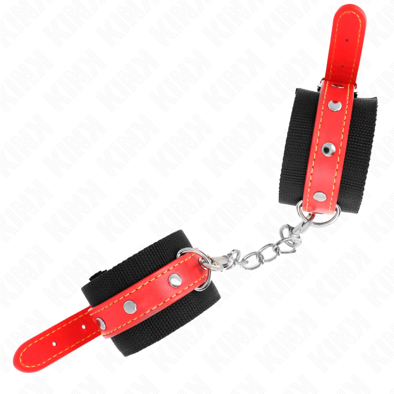 KINK - NYLON WRIST RESTRAINTS BLACK WITH LEATHERETTE RED ADJUSTABLE 19-24 CM X 5.5 CM - NOCTURNA DESIRES