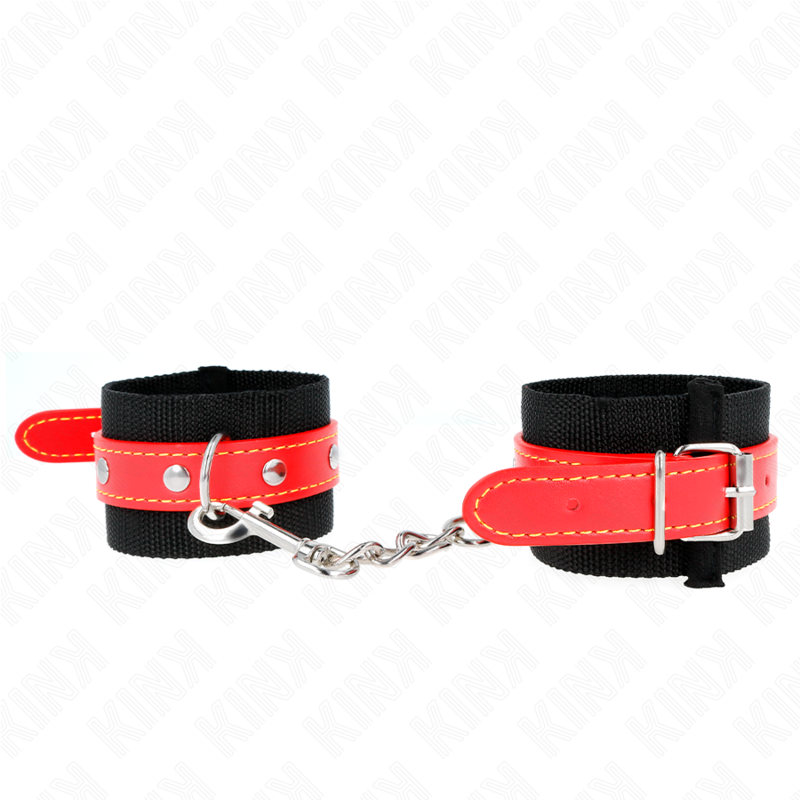 KINK - NYLON WRIST RESTRAINTS BLACK WITH LEATHERETTE RED ADJUSTABLE 19-24 CM X 5.5 CM - NOCTURNA DESIRES