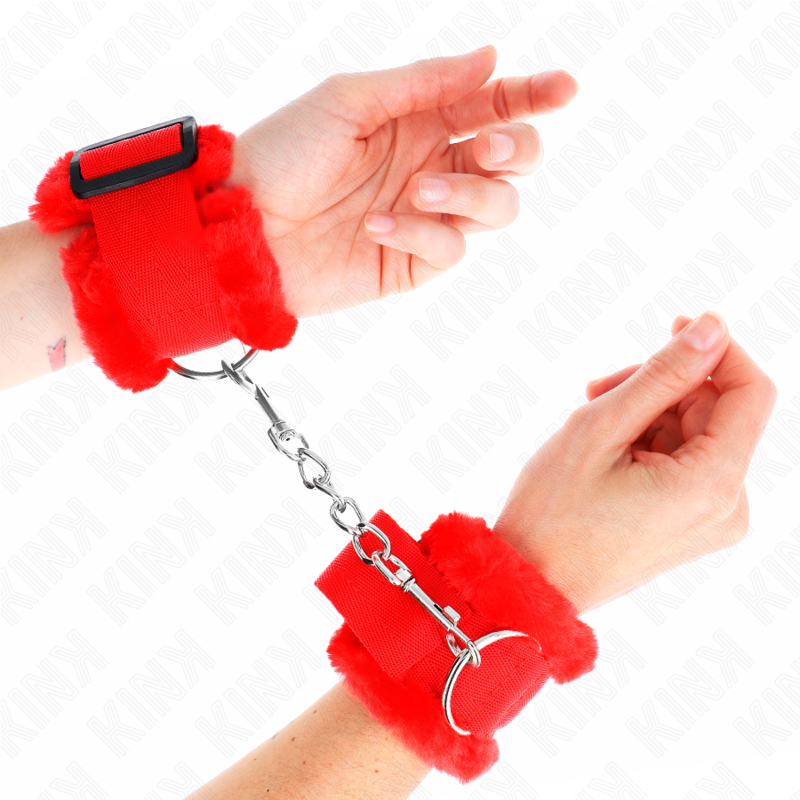 KINK - FURRY LINED WRIST RESTRAINTS RED ADJUSTABLE 17-31 CM X 7 CM - NOCTURNA DESIRES