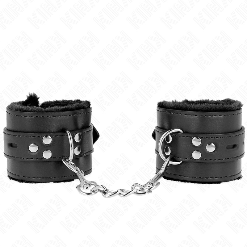 KINK - FUR LINED WRIST RESTRAINTS WITH SQUARE HOLES BLACK AND BLACK BELT ADJUSTABLE 17-29 CM X 6 CM - NOCTURNA DESIRES