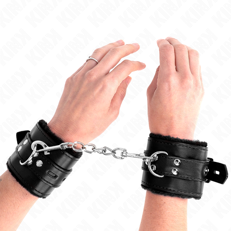 KINK - FUR LINED WRIST RESTRAINTS WITH SQUARE HOLES BLACK AND BLACK BELT ADJUSTABLE 17-29 CM X 6 CM - NOCTURNA DESIRES