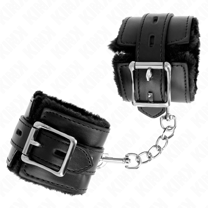 KINK - FUR LINED WRIST RESTRAINTS WITH SQUARE HOLES BLACK AND BLACK BELT ADJUSTABLE 17-29 CM X 6 CM - NOCTURNA DESIRES