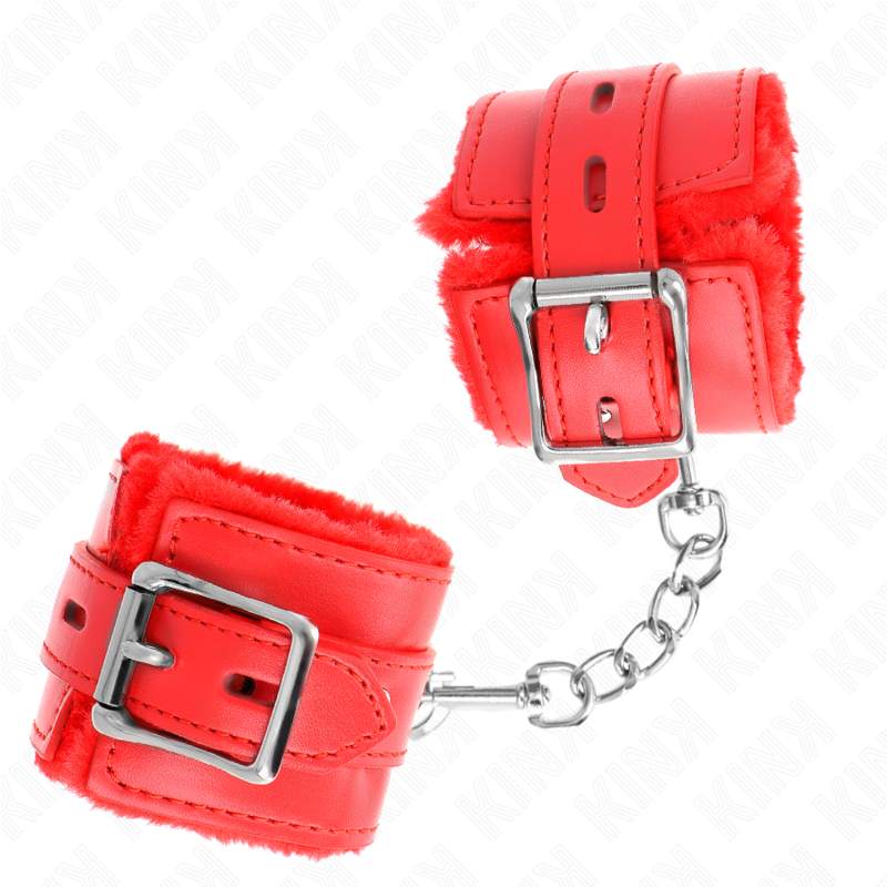 KINK - FUR LINED WRIST RESTRAINTS WITH SQUARE HOLES RED AND RED BELT ADJUSTABLE 17-29 CM X 6 CM - NOCTURNA DESIRES