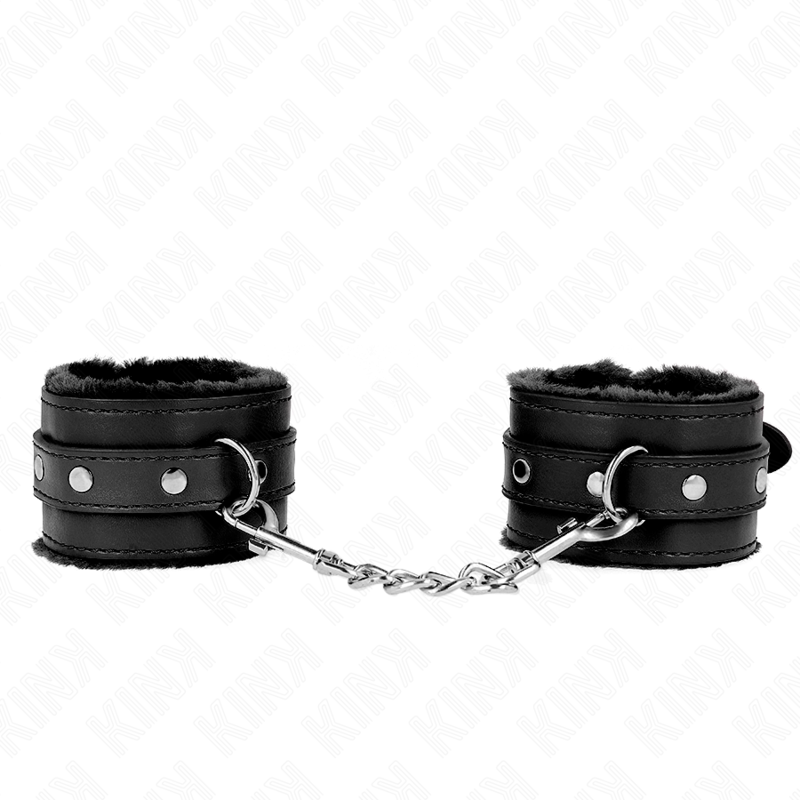 KINK - PREMIUM FUR LINED WRIST RESTRAINTS BLACK WITH BLACK BELT ADJUSTABLE 17-29 CM X 6 CM - NOCTURNA DESIRES