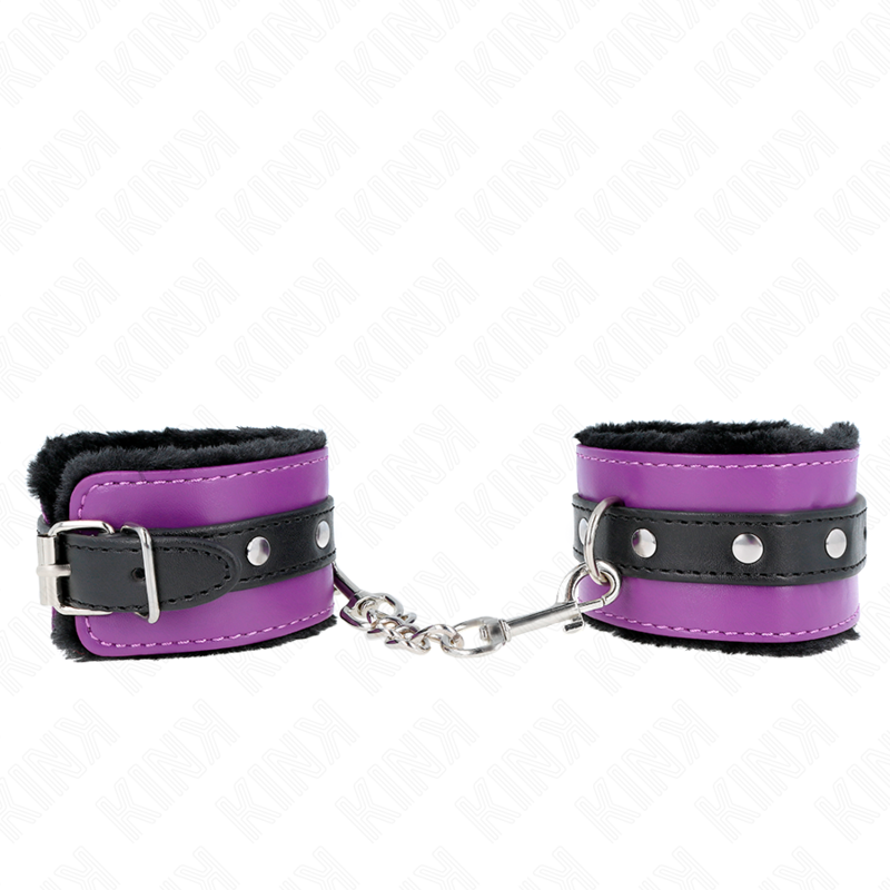 KINK - PREMIUM FUR LINED WRIST RESTRAINTS BLACK WITH PURPLE / BLACK BELT ADJUSTABLE 17-29 CM X 6 CM - NOCTURNA DESIRES