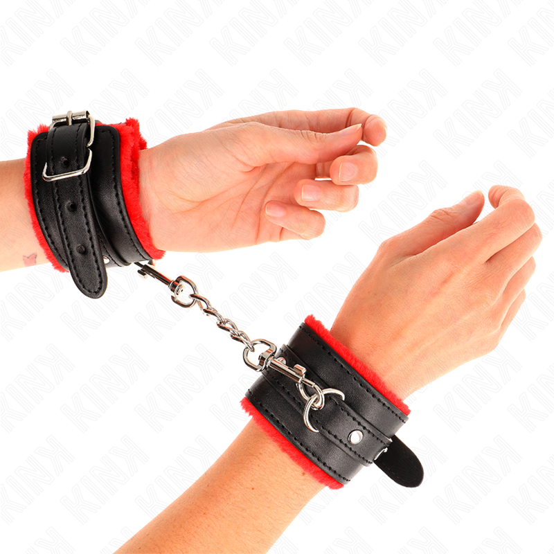 KINK - PREMIUM FUR LINED WRIST RESTRAINTS RED WITH BLACK BELT ADJUSTABLE 17-29 CM X 6 CM - NOCTURNA DESIRES