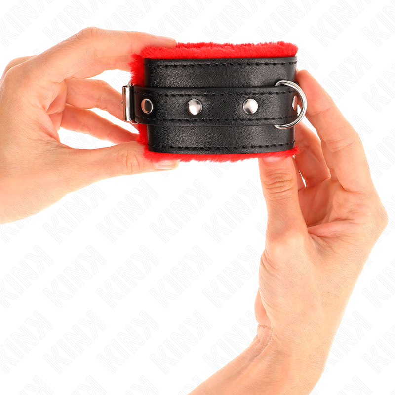 KINK - PREMIUM FUR LINED WRIST RESTRAINTS RED WITH BLACK BELT ADJUSTABLE 17-29 CM X 6 CM - NOCTURNA DESIRES
