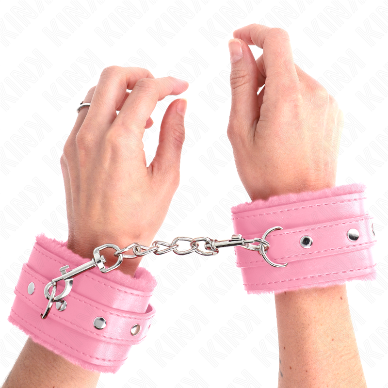 KINK - PREMIUM FUR LINED WRIST RESTRAINTS PINK WITH PINK BELT ADJUSTABLE 17-29 CM X 6 CM - NOCTURNA DESIRES