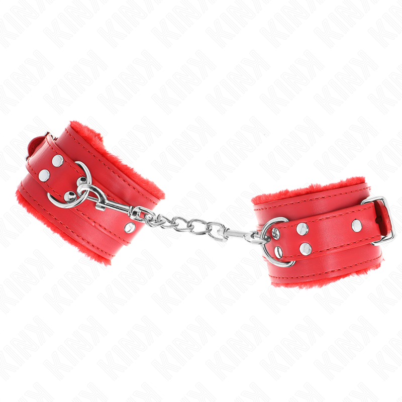 KINK - FUR LINED WRIST RESTRAINTS RED WITH RED BELT ADJUSTABLE 17-29 CM X 6 CM - NOCTURNA DESIRES
