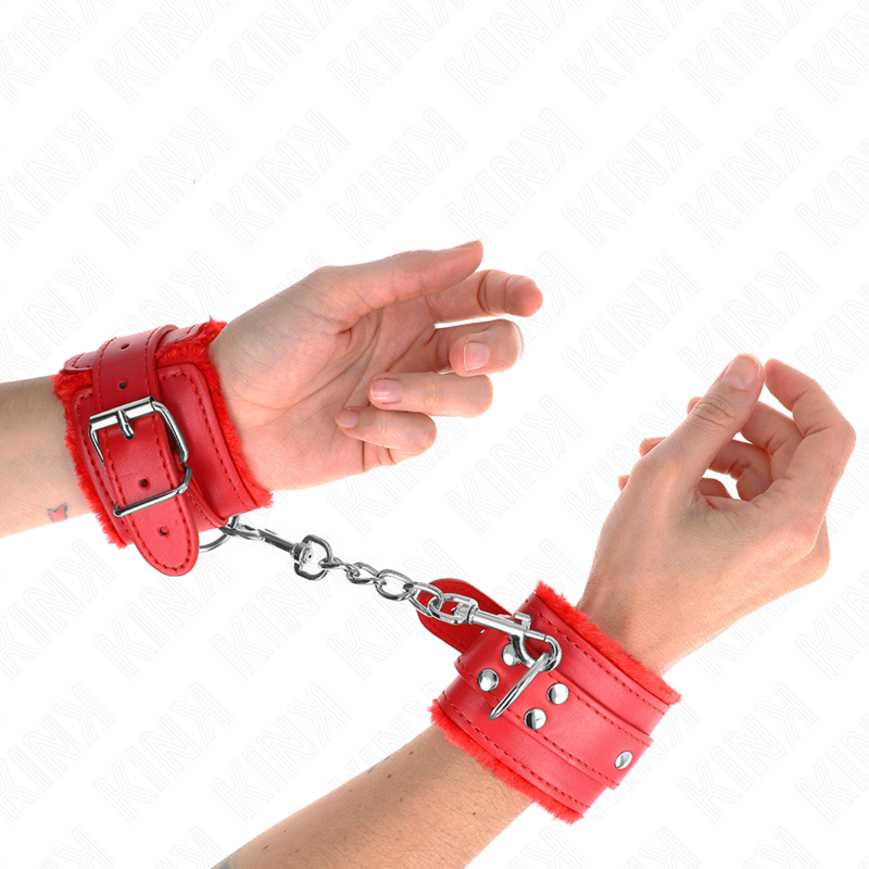 KINK - FUR LINED WRIST RESTRAINTS RED WITH RED BELT ADJUSTABLE 17-29 CM X 6 CM - NOCTURNA DESIRES