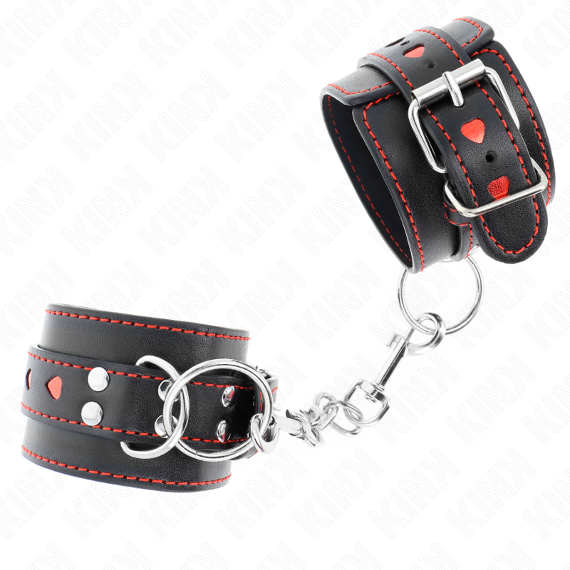 KINK - BLACK WRIST RESTRAINTS WITH RED HEART INLAY ADJUSTABLE 21-28 CM X 5.5 CM - NOCTURNA DESIRES