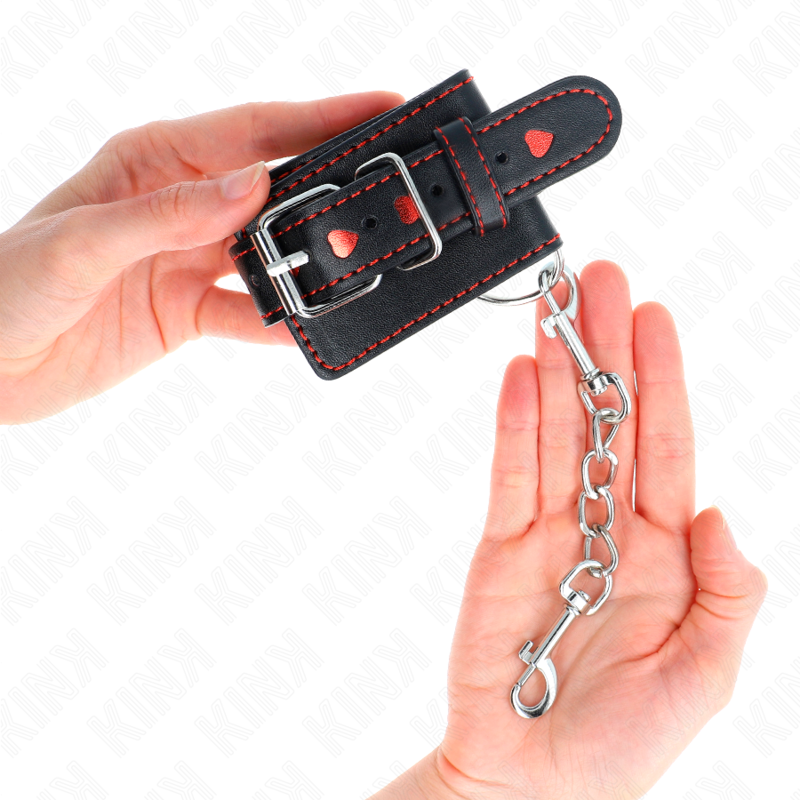 KINK - BLACK WRIST RESTRAINTS WITH RED HEART INLAY ADJUSTABLE 21-28 CM X 5.5 CM - NOCTURNA DESIRES