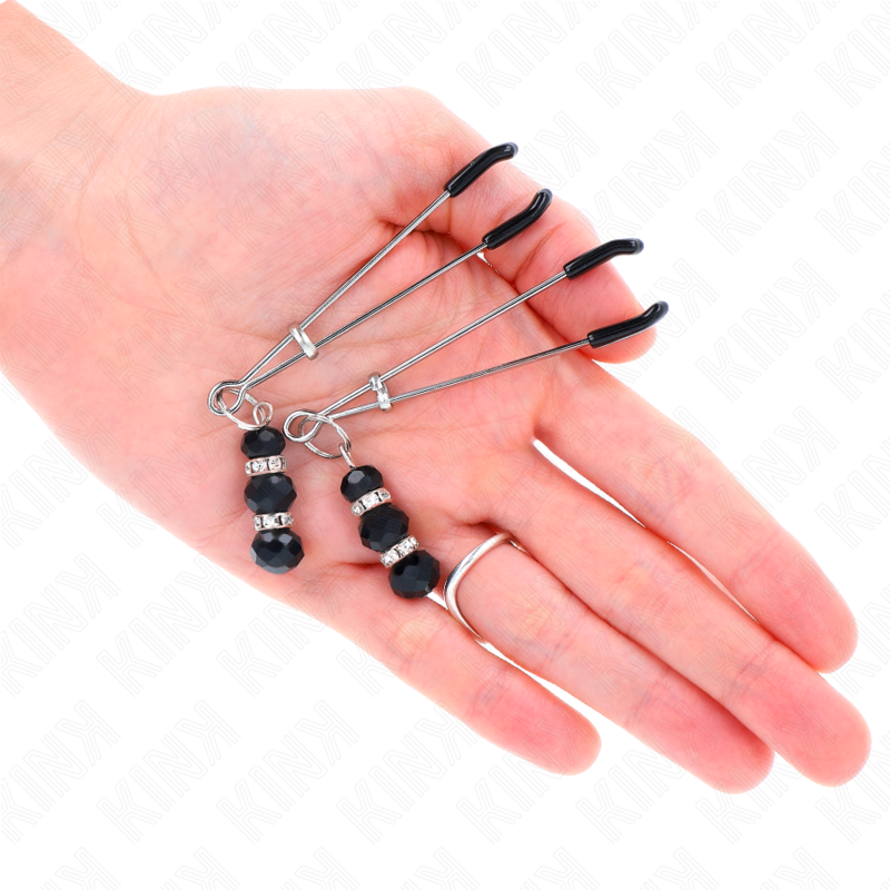 KINK - GOLD THIN NIPPLE CLAMPS WITH 3 BLACK GLASS BEADS 7 CM - NOCTURNA DESIRES