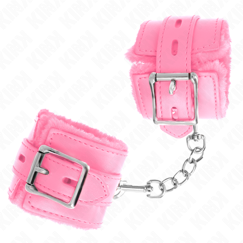 KINK - FUR LINED WRIST RESTRAINTS WITH SQUARE HOLES PINK AND PINK BELT ADJUSTABLE 17-29 CM X 6 CM - NOCTURNA DESIRES