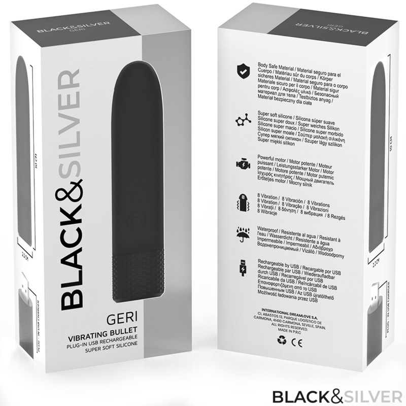 BLACK & SILVER - GERI USB RECHARGEABLE VIBRATING BULLET 8 VIBRATIONS BLACK 10 X 2.2 CM - NOCTURNA DESIRES
