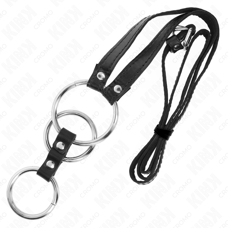 KINK - TRIPLE METAL PENIS RING 3.8 CM TO 5 CM WITH LEATHER BELT 112 CM - NOCTURNA DESIRES