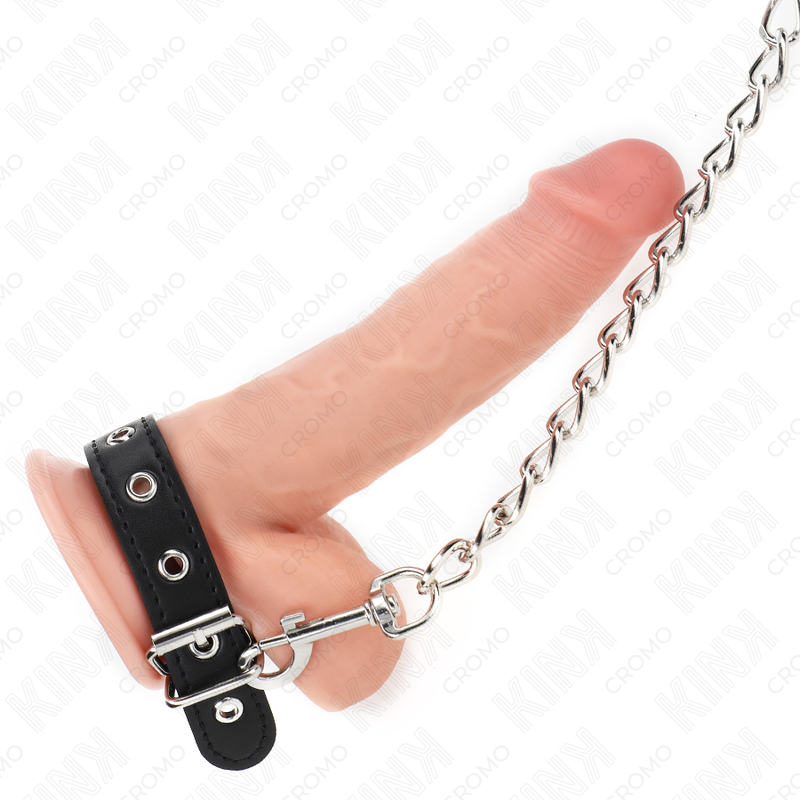 KINK - LEATHER PENIS RING WITH STRAP 21.5 X 2 CM AND METAL CHAIN 60 CM - NOCTURNA DESIRES