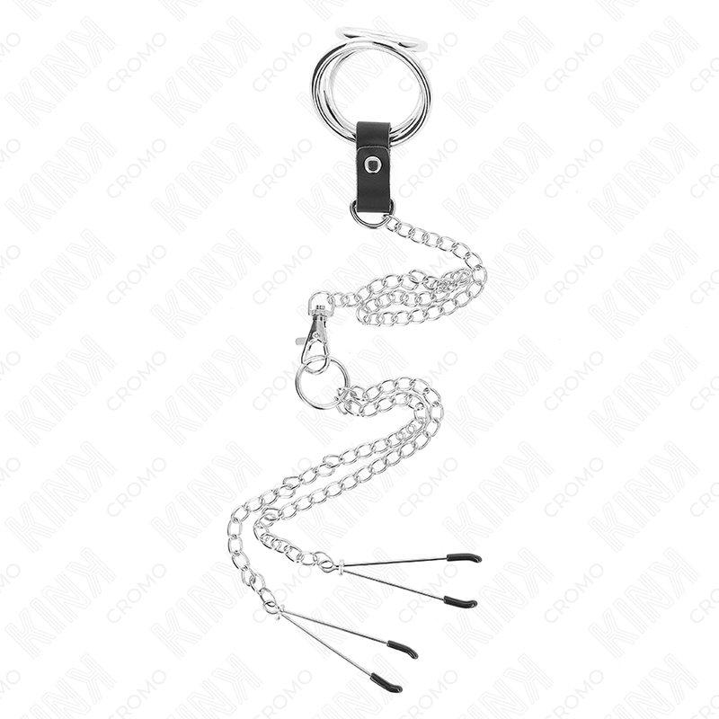 KINK - TRIPLE CHROME METAL PENIS RING 3 CM TO 4.5 CM WITH 26 CM METAL CHAIN AND NIPPLE CLIPS - NOCTURNA DESIRES