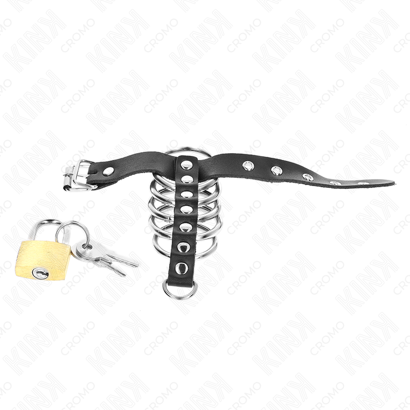 KINK - LEATHER PENIS RING WITH LOCK STRAP 21 X 2 CM AND 5 METAL RINGS FROM 3 CM TO 4 CM - NOCTURNA DESIRES