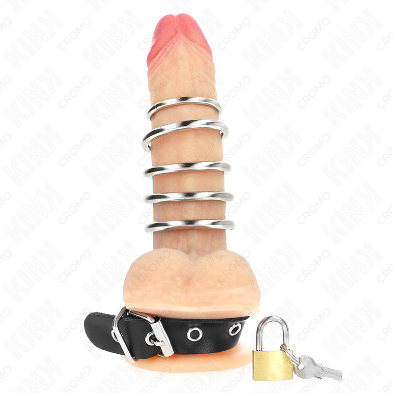 KINK - LEATHER PENIS RING WITH LOCK STRAP 21 X 2 CM AND 5 METAL RINGS FROM 3 CM TO 4 CM - NOCTURNA DESIRES
