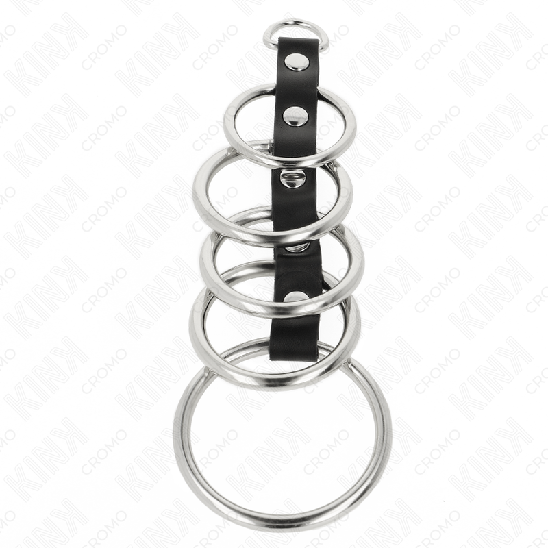 KINK - 5 METAL PENIS RINGS 3.2 CM TO 5 CM CONNECTED BY LEATHER - NOCTURNA DESIRES