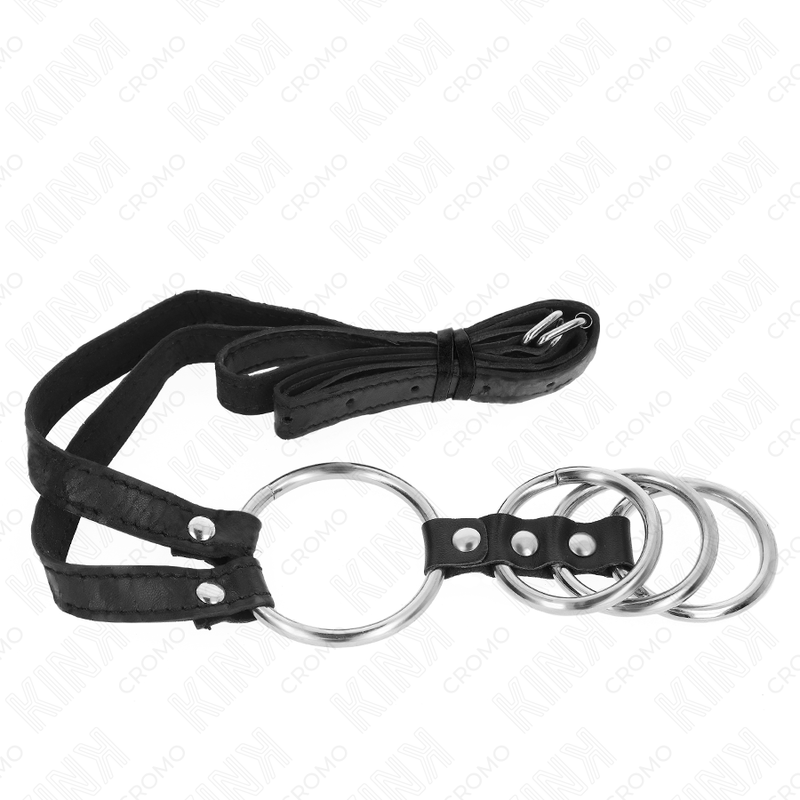 KINK - 4 CONNECTED METAL PENIS RINGS 3.8 CM TO 5 CM WITH LEATHER BELT 112 CM - NOCTURNA DESIRES