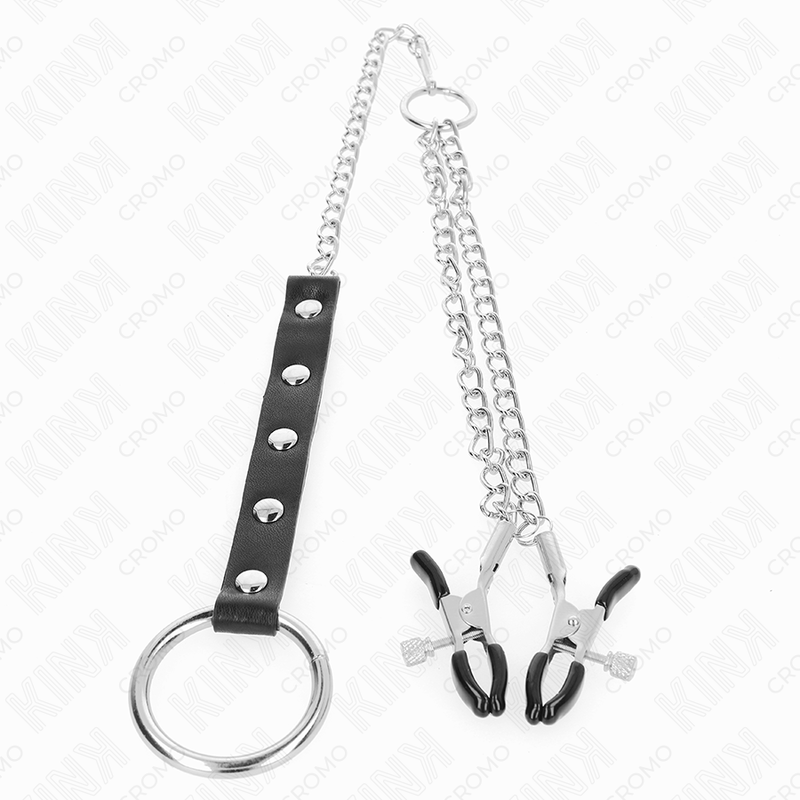 KINK - METAL PENIS RING WITH CHAIN AND ADJUSTABLE NIPPLE CLAMPS - NOCTURNA DESIRES