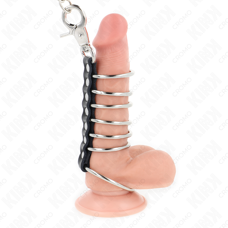 KINK - 7 METAL PENIS RINGS 3.8 CM TO 5 CM CONNECTED WITH LEATHER AND METAL CHAIN 100 CM - NOCTURNA DESIRES