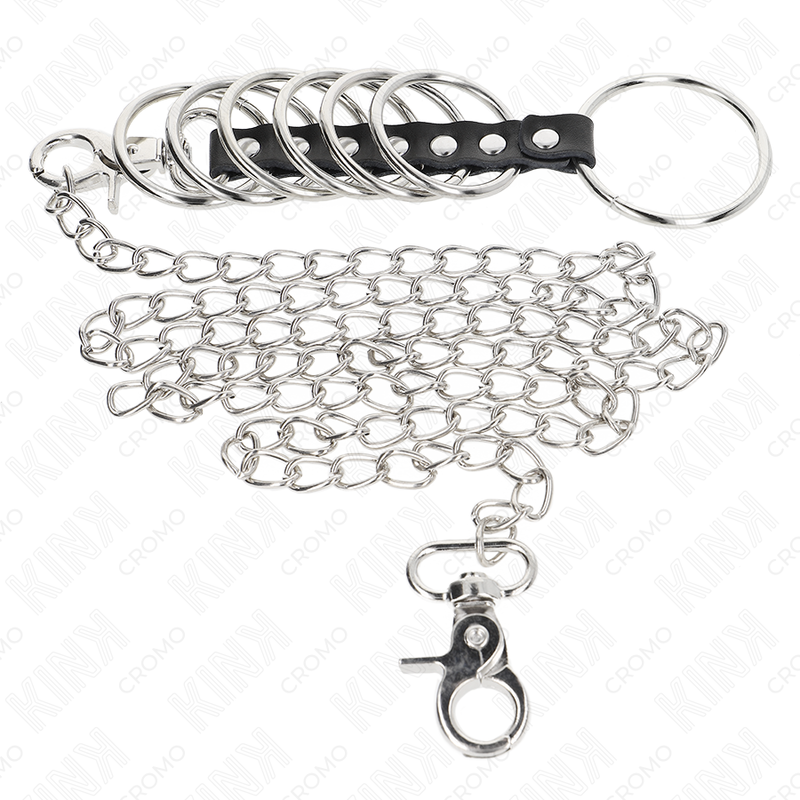KINK - 7 METAL PENIS RINGS 3.8 CM TO 5 CM CONNECTED WITH LEATHER AND METAL CHAIN 100 CM - NOCTURNA DESIRES