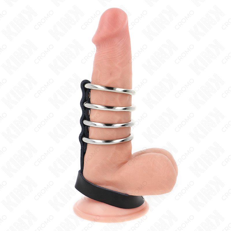 KINK - 4 METAL PENIS RINGS 3.8 CM CONNECTED WITH LEATHER STRAP 22 X 1.5 CM AND PRESSURE CLOSURE - NOCTURNA DESIRES