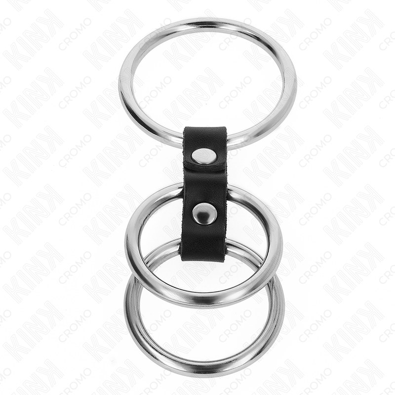 KINK - TRIPLE METAL PENIS RING 3.7 CM TO 5 CM CONNECTED WITH LEATHER - NOCTURNA DESIRES