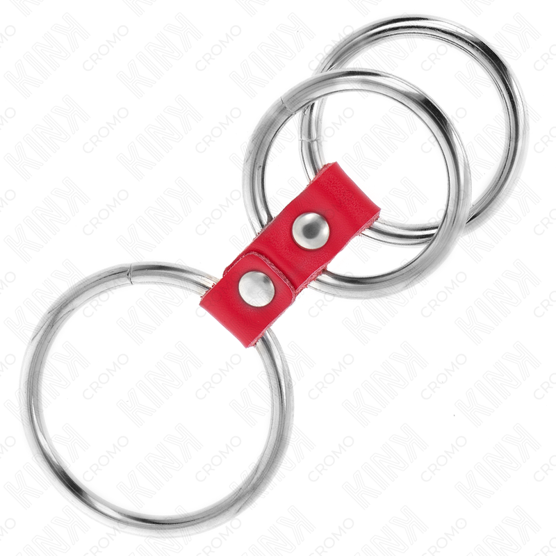 KINK - TRIPLE METAL PENIS RING 3.7 CM TO 5 CM CONNECTED WITH RED LEATHER - NOCTURNA DESIRES