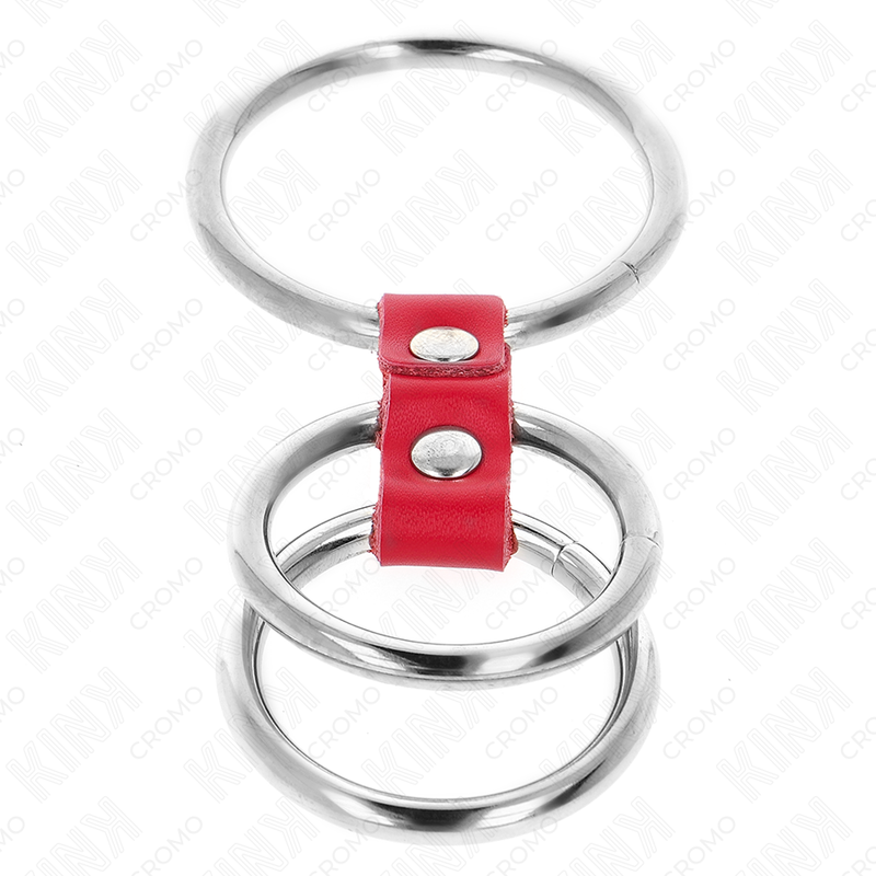 KINK - TRIPLE METAL PENIS RING 3.7 CM TO 5 CM CONNECTED WITH RED LEATHER - NOCTURNA DESIRES
