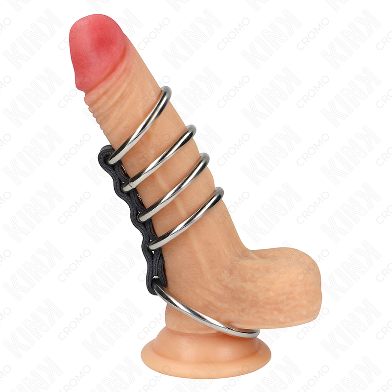 KINK - 5 PENIS RINGS 3.7 CM TO 5 CM METAL CONNECTED BY LEATHER - NOCTURNA DESIRES