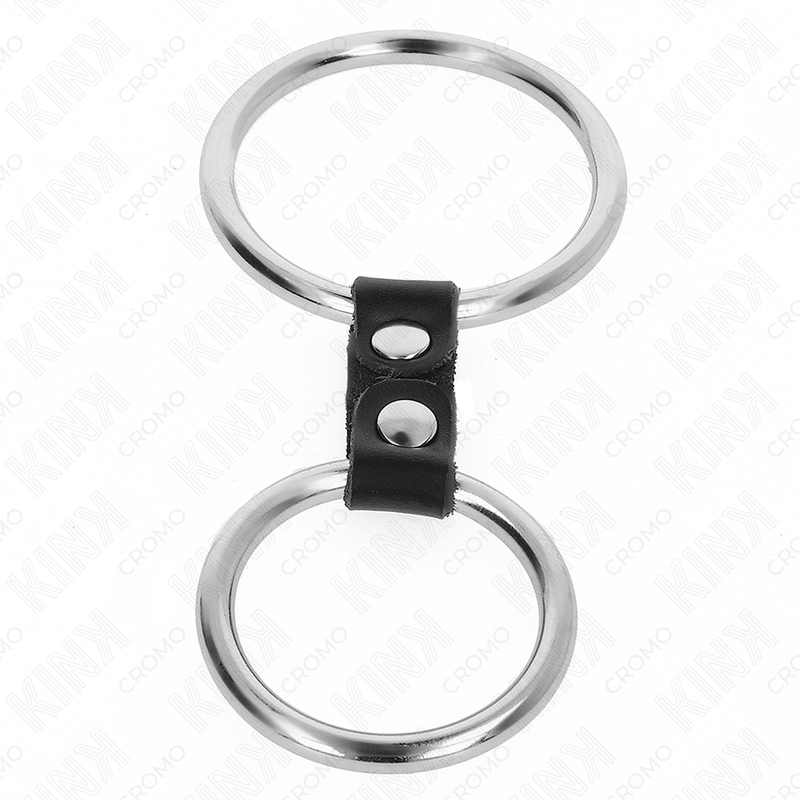 KINK - DOUBLE METAL PENIS RING 3.7 CM TO 5 CM CONNECTED BY LEATHER STRAP MODEL 2 - NOCTURNA DESIRES