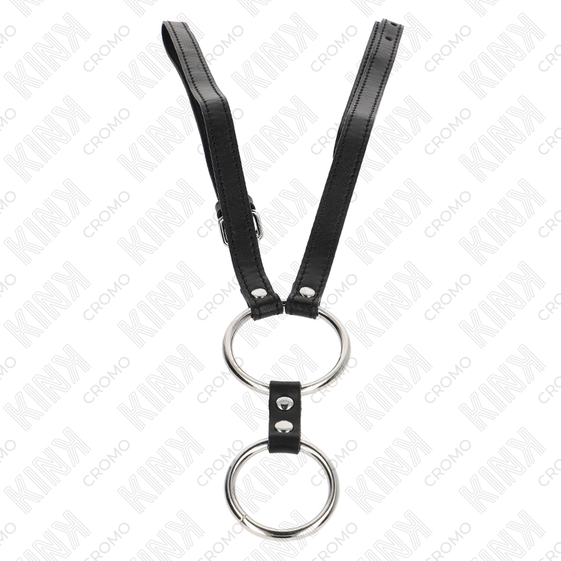 KINK - DOUBLE METAL PENIS RING 3.8 CM TO 5 CM WITH LEATHER BELT 112 CM - NOCTURNA DESIRES