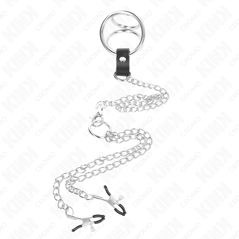 KINK - TRIPLE CHROME METAL PENIS RING 3.8 CM TO 5 CM WITH 26 CM METAL CHAIN AND NIPPLE CLAMPS MODEL 1 - NOCTURNA DESIRES