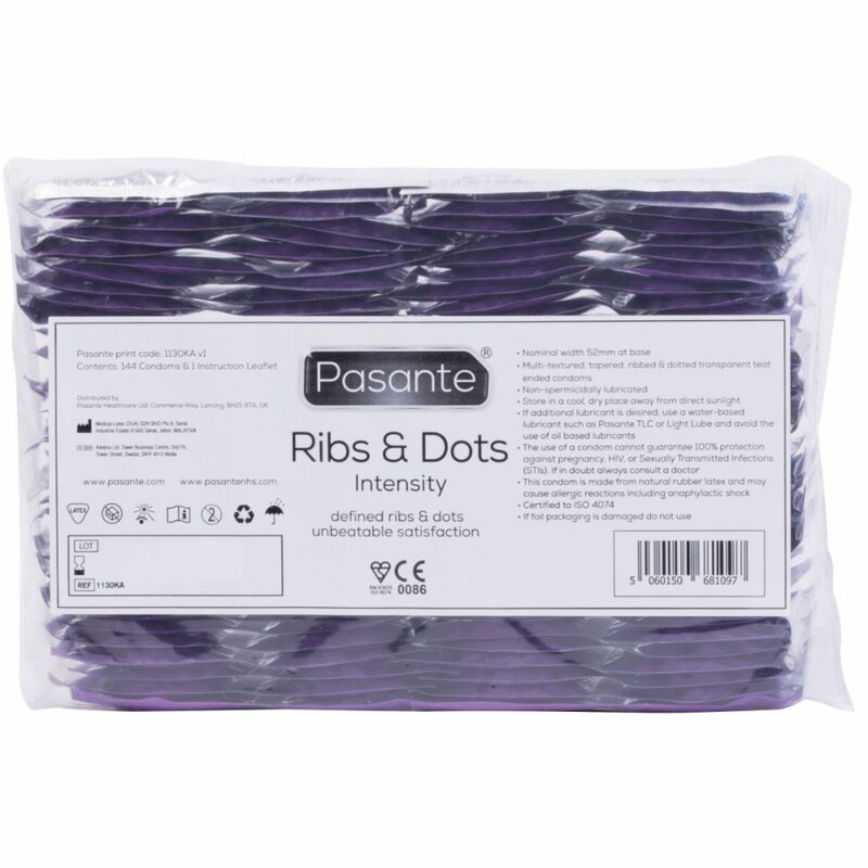 PASANTE - RIBS & DOTS INTENSITY CONDOMS 144 UNITS - NOCTURNA DESIRES