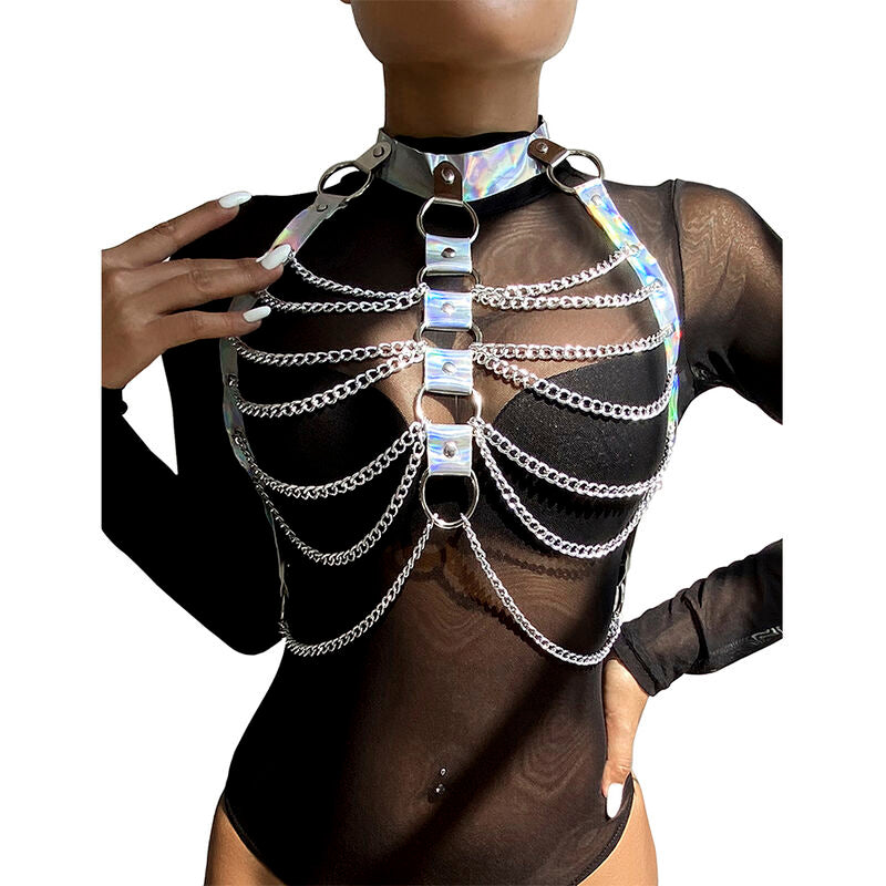 SUBBLIME - 953737 CHEST HARNESS WITH RINGS AND CHAINS SILVER ONE SIZE - NOCTURNA DESIRES