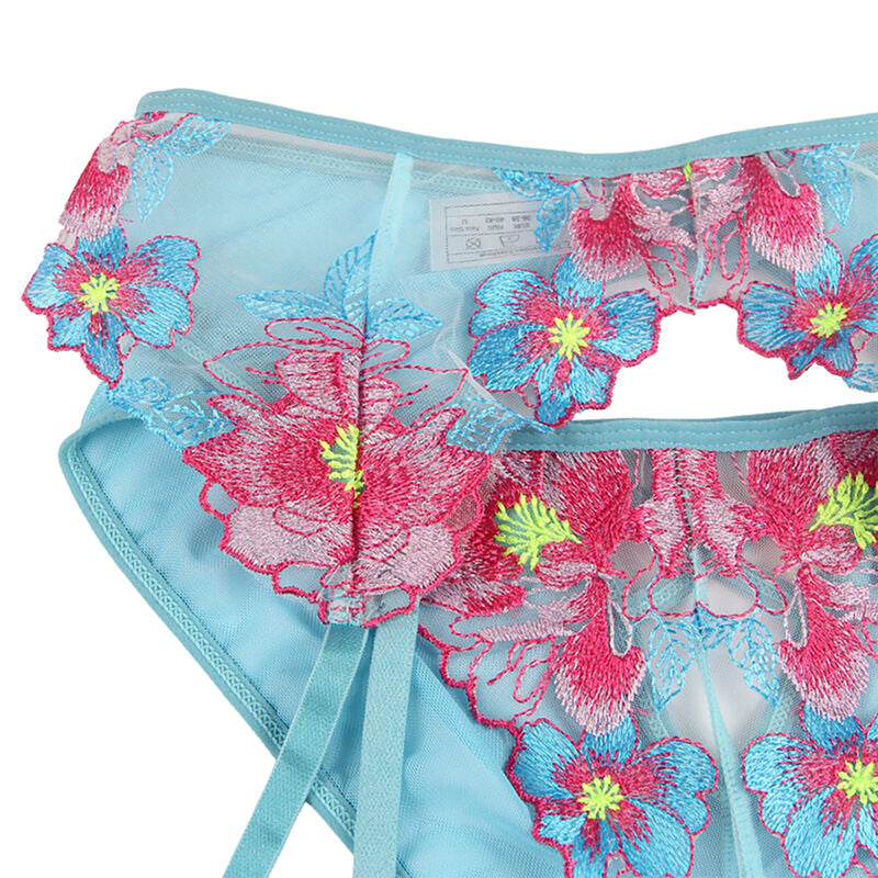 SUBBLIME - 954116 BRA + PANTIES WITH GARTER BELT FLORAL DESIGN BLUE L/XL - NOCTURNA DESIRES