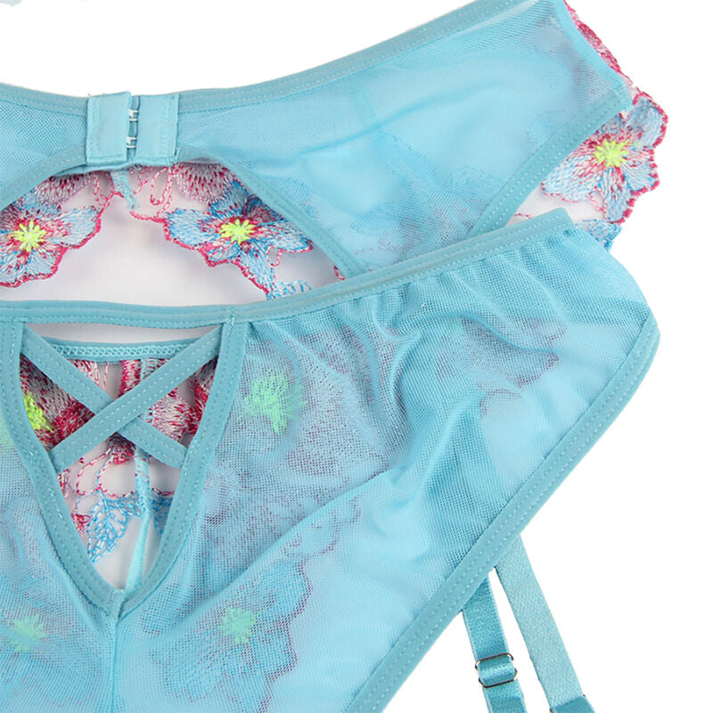 SUBBLIME - 954116 BRA + PANTIES WITH GARTER BELT FLORAL DESIGN BLUE L/XL - NOCTURNA DESIRES