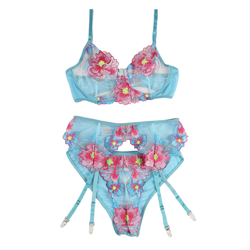 SUBBLIME - 954116 BRA + PANTIES WITH GARTER BELT FLORAL DESIGN BLUE L/XL - NOCTURNA DESIRES