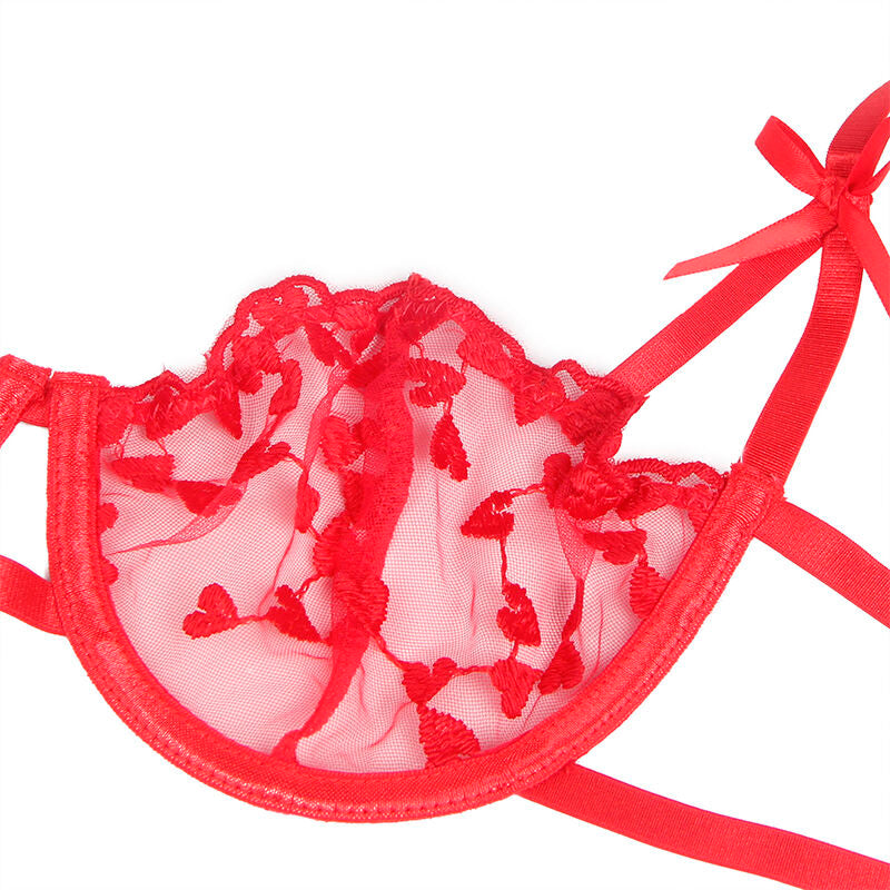 SUBBLIME - 954338 HEART PRINT BRA + THONG + GARTER BELT RED L/XL - NOCTURNA DESIRES