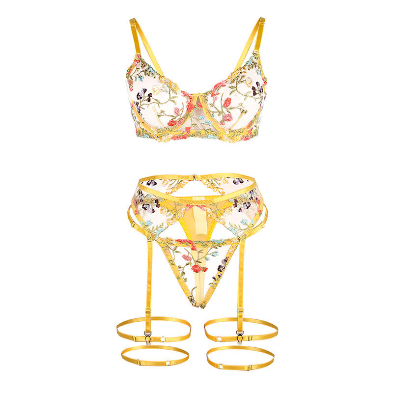 SUBBLIME - 954345 BRA + THONG + GARTER BELT FLORAL DESIGN YELLOW S/M - NOCTURNA DESIRES
