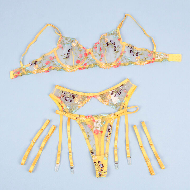 SUBBLIME - 954345 BRA + THONG + GARTER BELT FLORAL DESIGN YELLOW S/M - NOCTURNA DESIRES