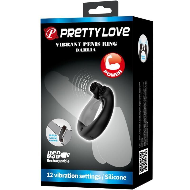 PRETTY LOVE - DAHLIA VIBRATING RING + CLITORIS STIMULATOR 12 VIBRATIONS BLACK - NOCTURNA DESIRES