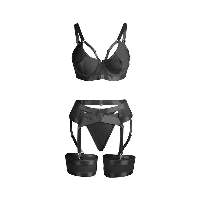 SUBBLIME - 955243 BLACK BONDAGE BRA WITH GARTER SET L/XL - NOCTURNA DESIRES