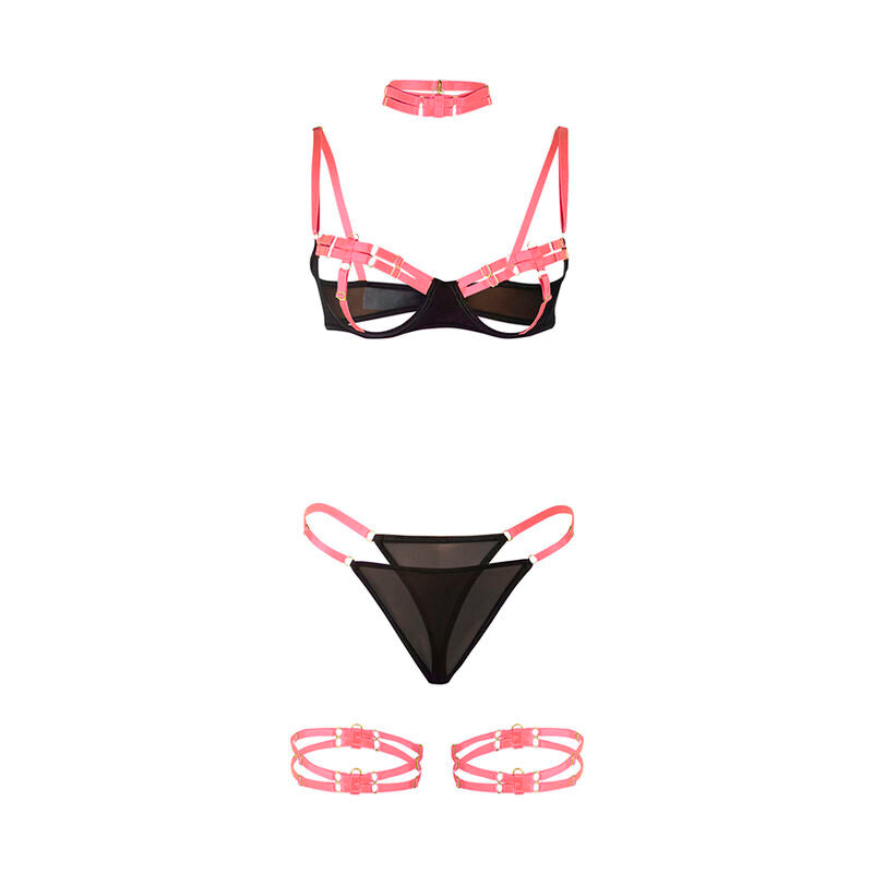 SUBBLIME - 955298 BRA SET WITH NECKLACE AND LEG DETAILS FLUORESCENT PINK S/M - NOCTURNA DESIRES